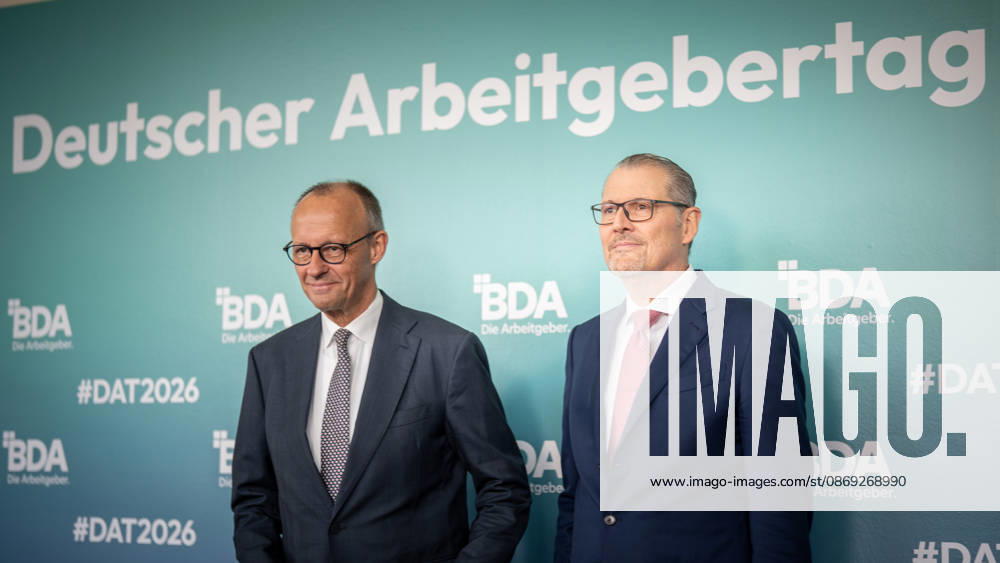 Chancellor Friedrich Merz is welcomed by Rainer Dulger, President of the Confederation of German Employers Associations (BDA), at the start of the 2026 German Employers Day, hosted by the Confederation of German Employers Associations (BDA), Berlin, Germany, at the Berlin Congress Center (bcc)