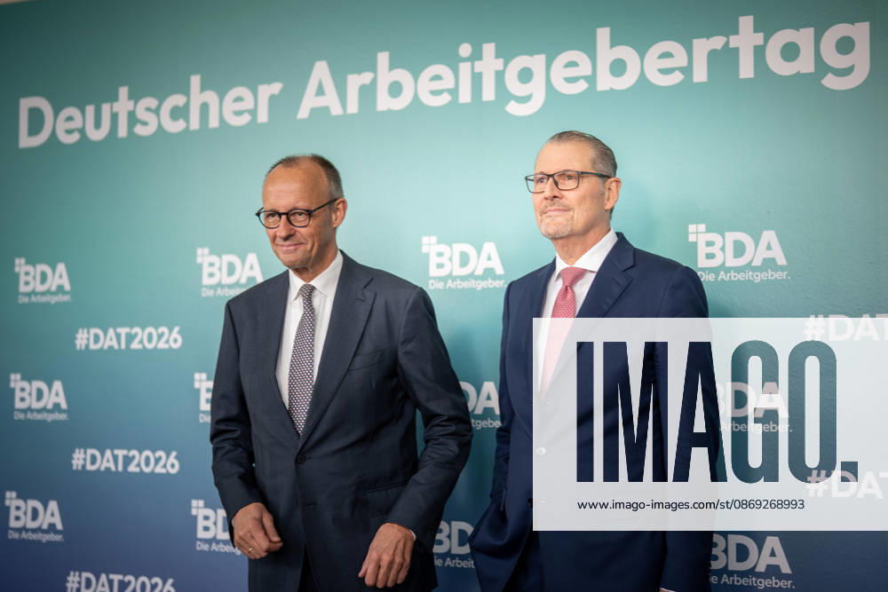 Chancellor Friedrich Merz is welcomed by Rainer Dulger, President of the Confederation of German Employers Associations (BDA), at the start of the 2026 German Employers Day, hosted by the Confederation of German Employers Associations (BDA), Berlin, Germany, at the Berlin Congress Center (bcc)