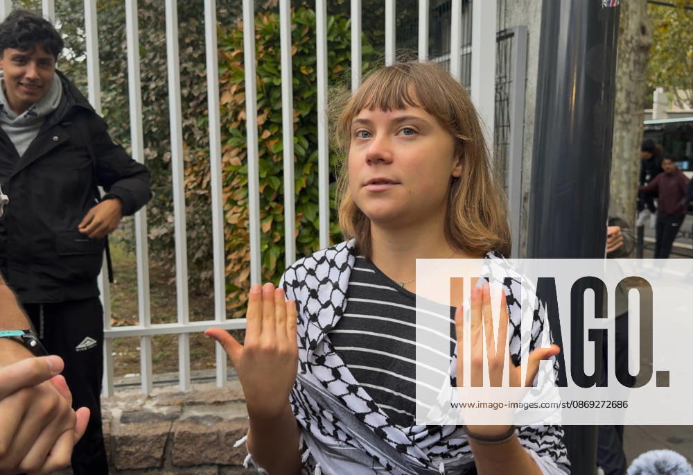 Greta Thunberg During Student Protest - Saint-Denis Videograbs - Swedish activist Greta Thunberg looks on as she arrives to take part in a blockade at the Lycee Paul Eluard in Saint-Denis, on the outskirts of Paris on October 13, 2026, as part of a nationwide student mobilisation. France sees nationwide demonstrations on October 13 in support of students protesting poor classroom conditions for weeks, as authorities and participants remain wary of further violence. Photo by CLPRESS ABACAPRESS.COM Paris France