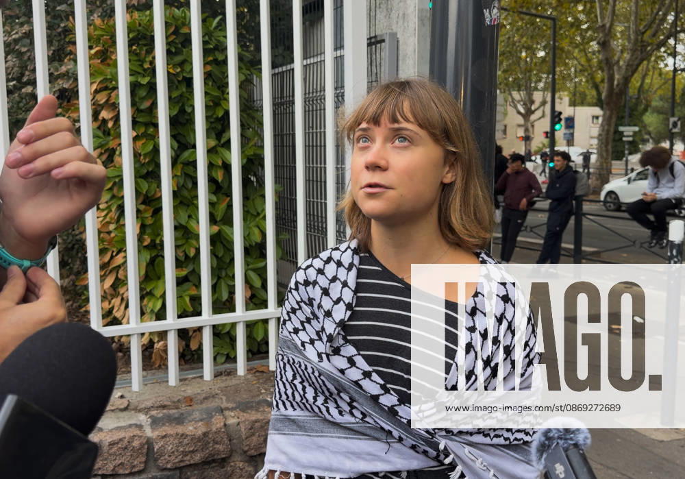 Greta Thunberg During Student Protest - Saint-Denis Videograbs - Swedish activist Greta Thunberg looks on as she arrives to take part in a blockade at the Lycee Paul Eluard in Saint-Denis, on the outskirts of Paris on October 13, 2026, as part of a nationwide student mobilisation. France sees nationwide demonstrations on October 13 in support of students protesting poor classroom conditions for weeks, as authorities and participants remain wary of further violence. Photo by CLPRESS ABACAPRESS.COM Paris France