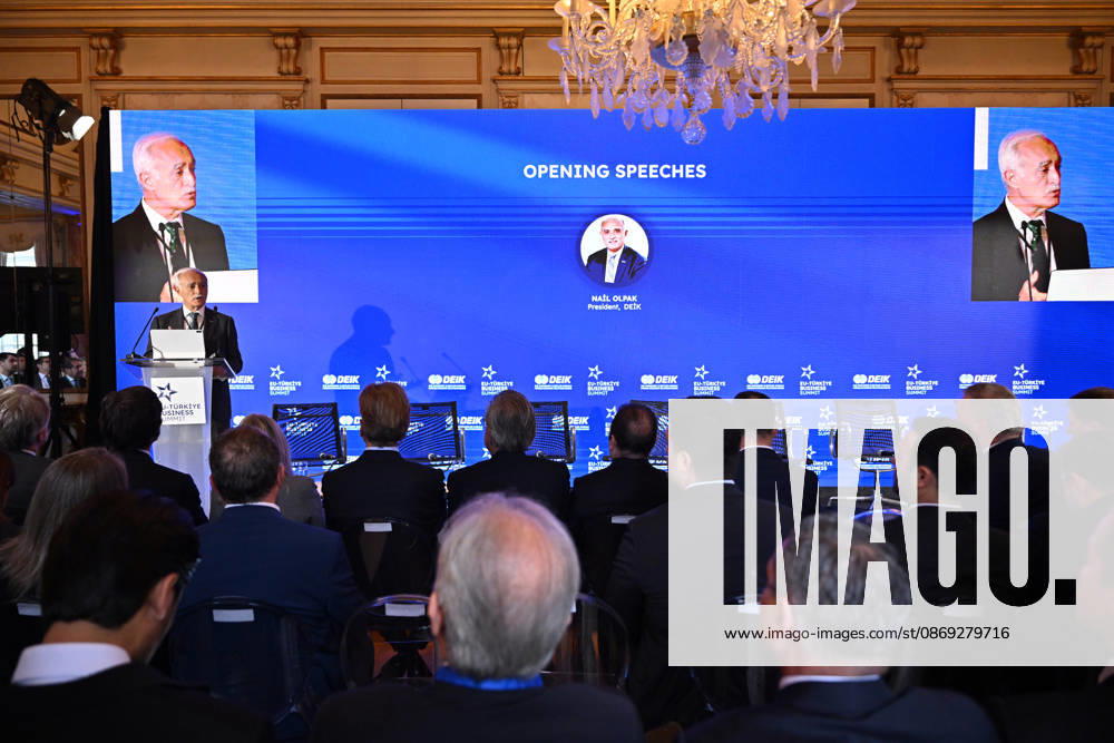 EU-Turkiye Business Summit kicks off in Brussels BRUSSELS, BELGIUM - OCTOBER 13: President of the Foreign Economic Relations Board of Turkiye (DEIK), Nail Olpak, delivers a speech during a session titled Redefining EU-Turkiye Cooperation in an Uncertain World at the EU-Turkiye Business Summit held at Egmont Palace in Brussels, Belgium, on October 13, 2026. The summit is organized in cooperation with DEIK and the European Business Summit (EBS). Dursun Aydemir Anadolu Brussels Belgium. Editorial use only. Please get in touch for any other usage.