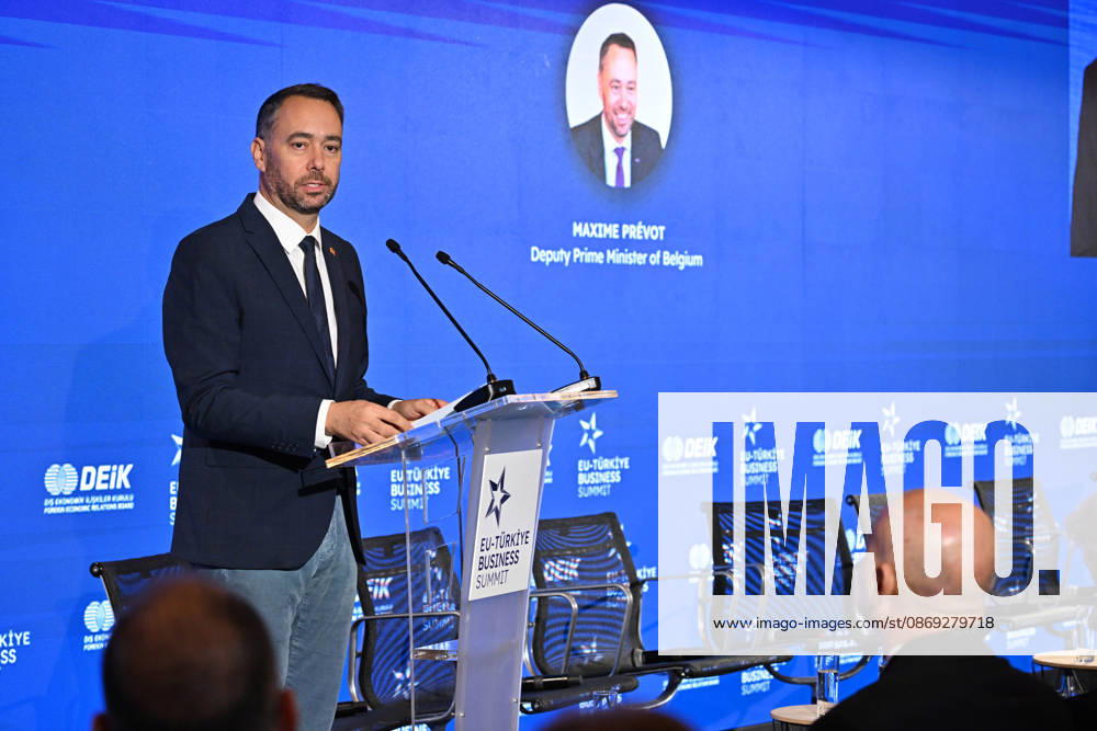 EU-Turkiye Business Summit kicks off in Brussels BRUSSELS, BELGIUM - OCTOBER 13: Belgian Deputy Prime Minister and Foreign Minister Maxime Prevot delivers a speech during a session titled Redefining EU-Turkiye Cooperation in an Uncertain World at Egmont Palace in Brussels, Belgium, on October 13, 2026. The session is held as part of the EU-Turkiye Business Summit, organized in cooperation with the Foreign Economic Relations Board of Turkiye (DEIK) and the European Business Summit (EBS). Dursun Aydemir Anadolu Brussels Belgium. Editorial use only. Please get in touch for any other usage.