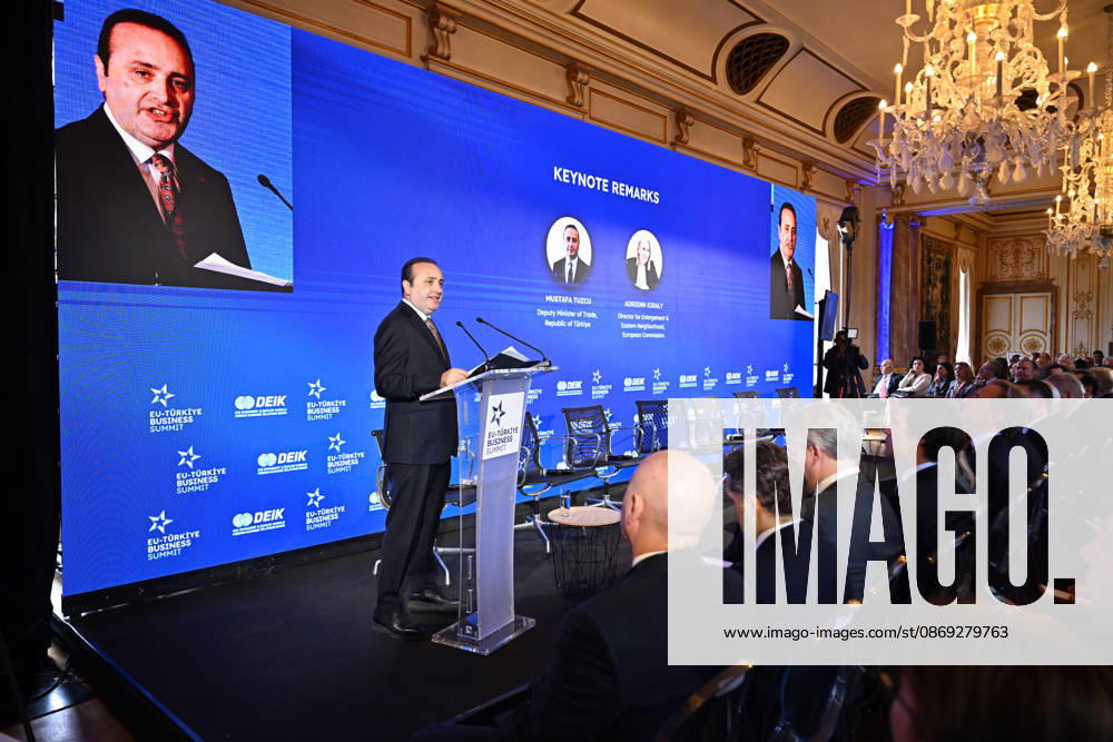 EU-Turkiye Business Summit kicks off in Brussels BRUSSELS, BELGIUM - OCTOBER 13: Turkish Deputy Minister of Trade Mustafa Tuzcu delivers a speech during a session titled Redefining EU-Turkiye Cooperation in an Uncertain World at Egmont Palace in Brussels, Belgium, on October 13, 2026. The session is held as part of the EU-Turkiye Business Summit, organized in cooperation with the Foreign Economic Relations Board of Turkiye (DEIK) and the European Business Summit (EBS). Dursun Aydemir Anadolu Brussels Belgium. Editorial use only. Please get in touch for any other usage.