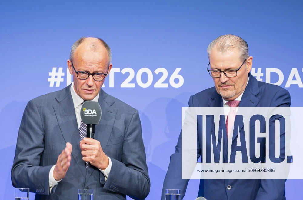 Friedrich Merz Attends Employers Day 2026 EUR, Germany, Berlin, October 13, 2026: Federal Chancellor Friedrich Merz (CDU) in conversation with Rainer Dulger, President of the Confederation of German Employers Associations, at the 2026 Employers Day hosted by the Confederation of German Employers Associations