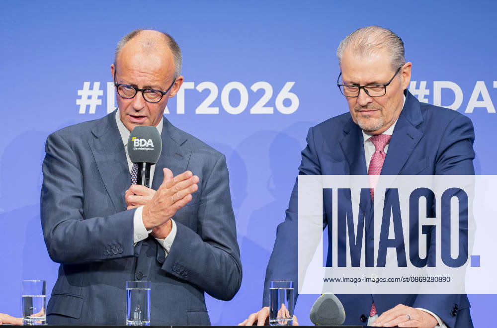 Friedrich Merz Attends Employers Day 2026 EUR, Germany, Berlin, October 13, 2026: Federal Chancellor Friedrich Merz (CDU) in conversation with Rainer Dulger, President of the Confederation of German Employers Associations, at the 2026 Employers Day hosted by the Confederation of German Employers Associations