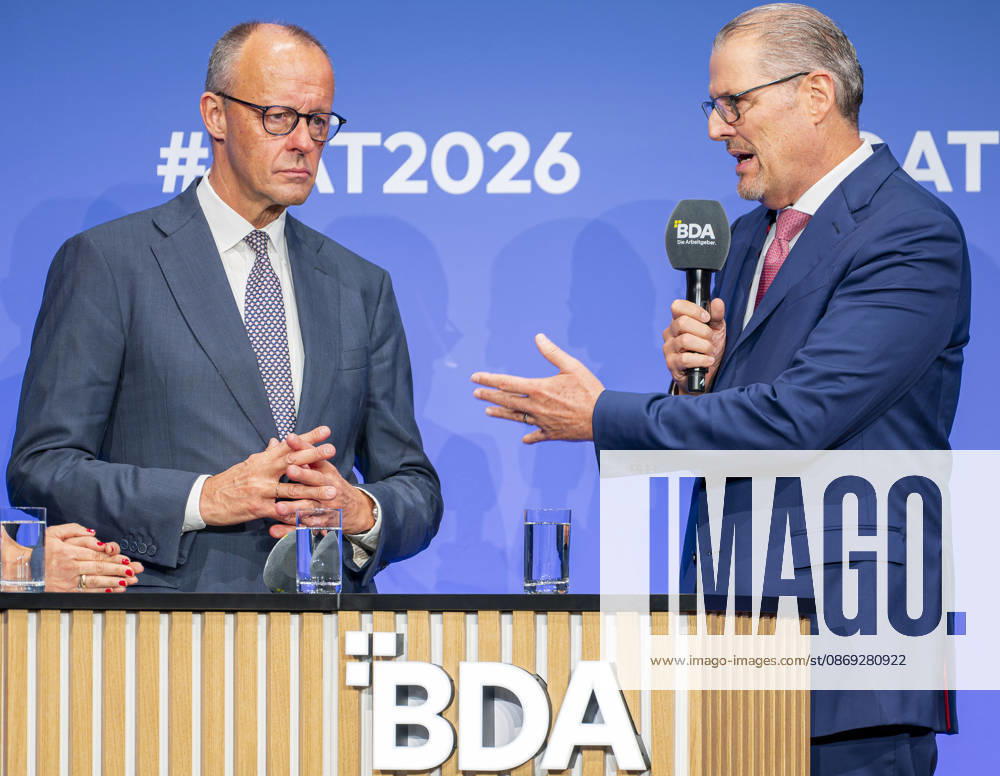 Friedrich Merz Attends Employers Day 2026 EUR, Germany, Berlin, October 13, 2026: Federal Chancellor Friedrich Merz (CDU) in conversation with Rainer Dulger, President of the Confederation of German Employers Associations, at the 2026 Employers Day hosted by the Confederation of German Employers Associations