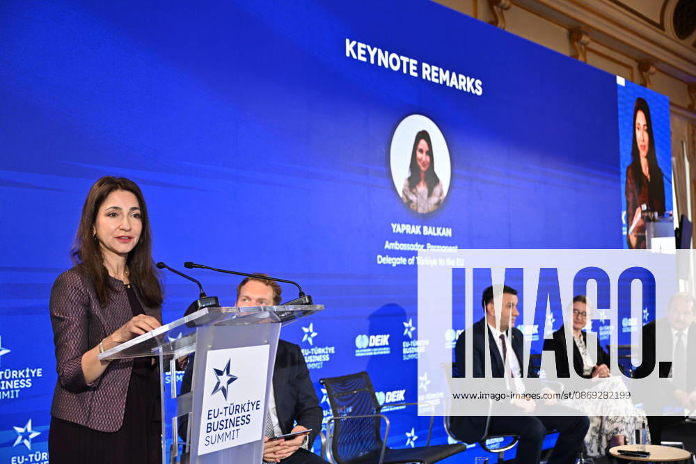 EU-Turkiye Business Summit kicks off in Brussels BRUSSELS, BELGIUM - OCTOBER 13: Ambassador Yaprak Balkan (L), Turkiye s Permanent Representative to the European Union, delivers a speech during a session held at Egmont Palace in Brussels, Belgium, on October 13, 2026. The session is held as part of the EU-Turkiye Business Summit, organized in cooperation with the Foreign Economic Relations Board of Turkiye (DEIK) and the European Business Summit (EBS). Dursun Aydemir Anadolu Brussels Belgium. Editorial use only. Please get in touch for any other usage.