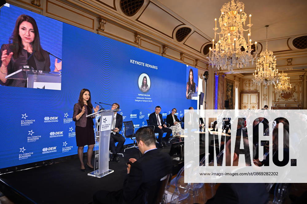 EU-Turkiye Business Summit kicks off in Brussels BRUSSELS, BELGIUM - OCTOBER 13: Ambassador Yaprak Balkan (L), Turkiye s Permanent Representative to the European Union, delivers a speech during a session held at Egmont Palace in Brussels, Belgium, on October 13, 2026. The session is held as part of the EU-Turkiye Business Summit, organized in cooperation with the Foreign Economic Relations Board of Turkiye (DEIK) and the European Business Summit (EBS). Dursun Aydemir Anadolu Brussels Belgium. Editorial use only. Please get in touch for any other usage.