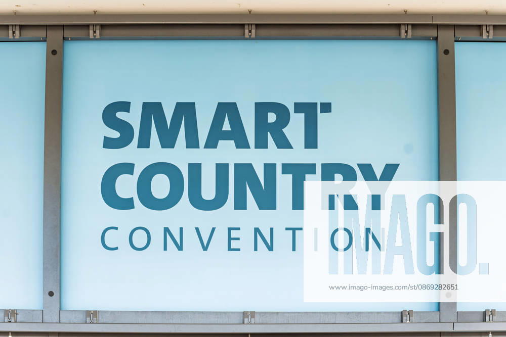 The words Smart Country Convention are prominently displayed at the entrance to the hub27 exhibition hall at Messe Berlin. The Smart Countr