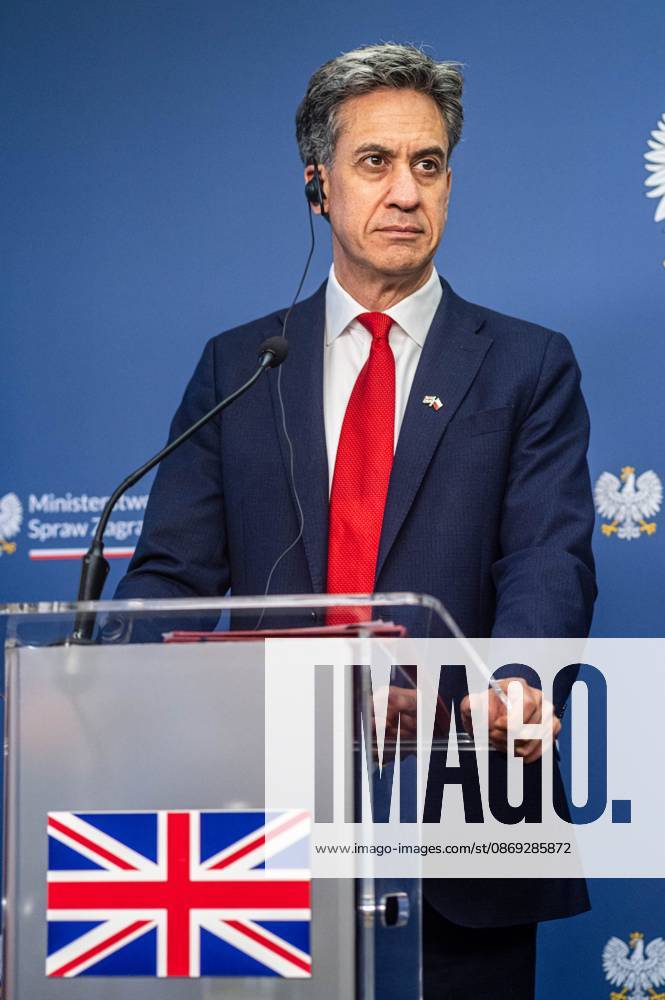 The Foreign Secretary of the United Kingdom, Ed Miliband, seen during the press conference..Foreign Secretary of the United Kingdom of Great Britain and Northern Ireland visits the Ministry of Foreign Affairs in Warsaw, Poland for a meeting with the Republic of Poland s Foreign Minister, Radoslaw Sikorski. During the subsequent press conference, the ministers discussed their countries ongoing cooperation in foreign policy issues, including supporting Ukraine in the war Russia is waging against it. Miliband also spoke of the ties his family has to Poland. Afterwards, the ministers travel to the second day of the Warsaw Security Forum. Warsaw Poland - ZUMAs197 20261013_aaa_s197_015
