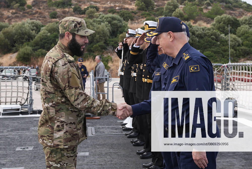 NUSRET-2026 Invitational Exercise continues in Turkiye s Izmir IZMIR, TURKIYE - OCTOBER 13: Syrian Naval Forces Commander Brigadier General Mohammed al-Saud (L) is welcomed aboard TCG Salihreis, the flagship of the NUSRET-2026 Invitation Exercise, during Distinguished Visitors Day activities off the coast of Foca, Izmir, Turkiye, on October 13, 2026. Hosted by Turkiye, the exercise involves naval and air assets from NATO and the Turkish Naval Forces, Air Force and Coast Guard Command, with observers from various countries, and is being held in the Gulf of Izmir and off the coast of Karadeniz Eregli. Mahmut Serdar Alakus Anadolu Izmir Turkey. Editorial use only. Please get in touch for any other usage.