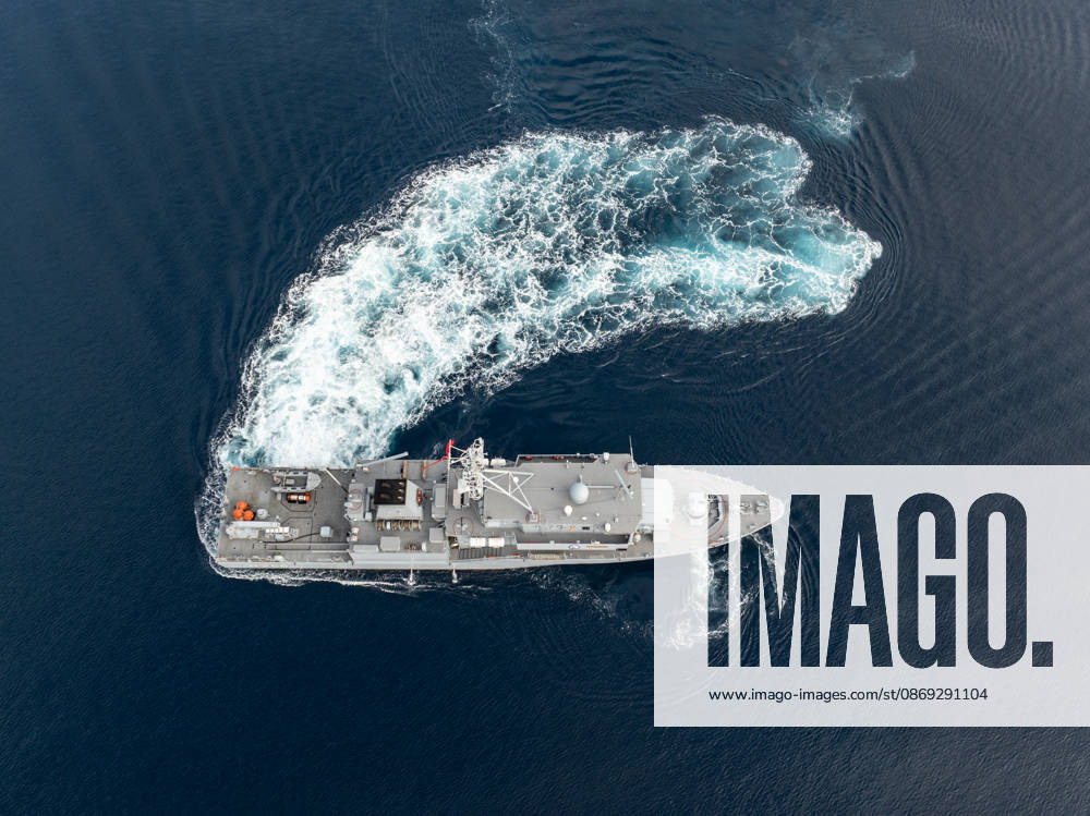 NUSRET-2026 Invitational Exercise continues in Turkiye s Izmir IZMIR, TURKIYE - OCTOBER 13: An aerial view of a naval vessel maneuvering during Distinguished Observer Day activities held off the coast of Foca district in Izmir, Turkiye, on October 13, 2026, as part of the NUSRET-2026 Invitation Exercise. Hosted by Turkiye and conducted by the Turkish Naval Forces Mine Fleet Command, the exercise involves naval, air and coast guard assets from NATO and Turkiye, along with observers from various countries, and takes place in the Gulf of Izmir and off Karadeniz Eregli. Mahmut Serdar Alakus Anadolu Izmir Turkey. Editorial use only. Please get in touch for any other usage.