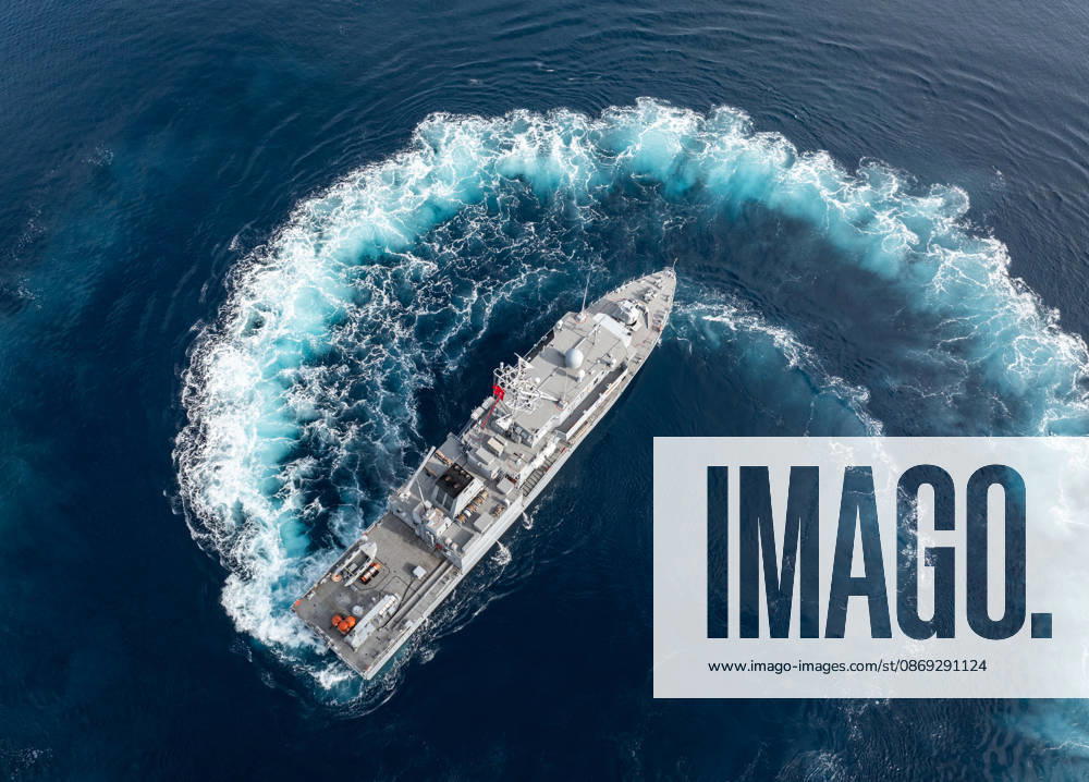 NUSRET-2026 Invitational Exercise continues in Turkiye s Izmir IZMIR, TURKIYE - OCTOBER 13: An aerial view of a naval vessel maneuvering during Distinguished Observer Day activities held off the coast of Foca district in Izmir, Turkiye, on October 13, 2026, as part of the NUSRET-2026 Invitation Exercise. Hosted by Turkiye and conducted by the Turkish Naval Forces Mine Fleet Command, the exercise involves naval, air and coast guard assets from NATO and Turkiye, along with observers from various countries, and takes place in the Gulf of Izmir and off Karadeniz Eregli. Mahmut Serdar Alakus Anadolu Izmir Turkey. Editorial use only. Please get in touch for any other usage.