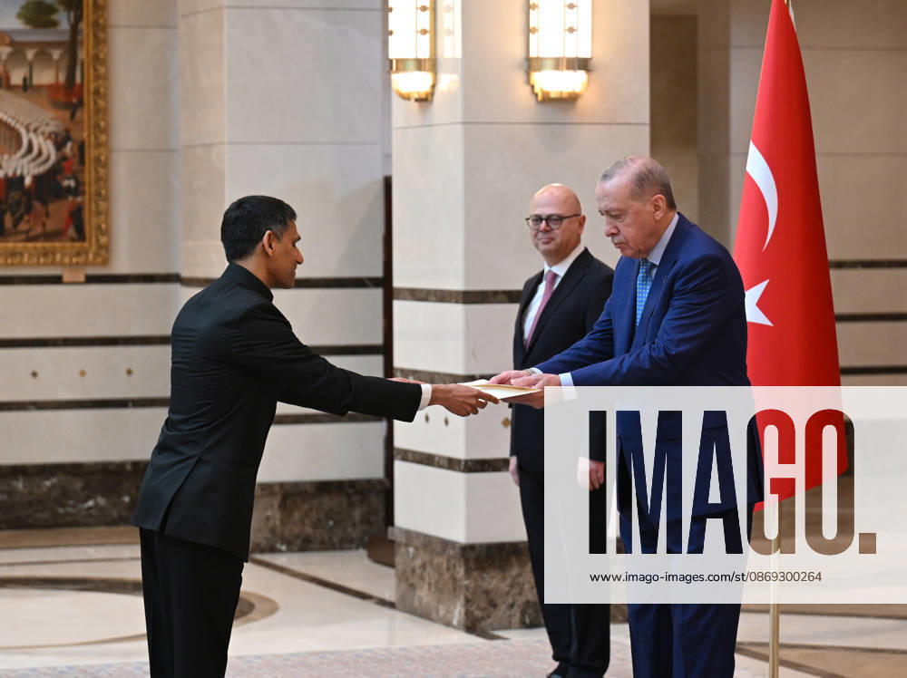 Turkish President Recep Tayyip Erdogan ANKARA, TURKIYE - OCTOBER 13: Indian Ambassador to Turkiye, Rudra Gaurav Shresth (L) presents his letters of credence to Turkish President Recep Tayyip Erdogan (R), as Erdogan receives the ambassadors of India, Mali, Netherlands, El Salvador and Nigeria at the Presidential Complex, in Ankara, Turkiye on October 13, 2026. Mehmet Ali Ozcan Anadolu Ankara Turkey. Editorial use only. Please get in touch for any other usage.