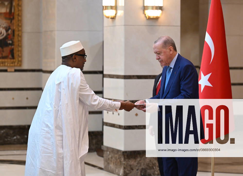 Turkish President Recep Tayyip Erdogan ANKARA, TURKIYE - OCTOBER 13: Mali Ambassador to Turkiye, Oumarou Maiga (L) presents his letters of credence to Turkish President Recep Tayyip Erdogan (R), as Erdogan receives the ambassadors of India, Mali, Netherlands, El Salvador and Nigeria at the Presidential Complex, in Ankara, Turkiye on October 13, 2026. Mehmet Ali Ozcan Anadolu Ankara Turkey. Editorial use only. Please get in touch for any other usage.