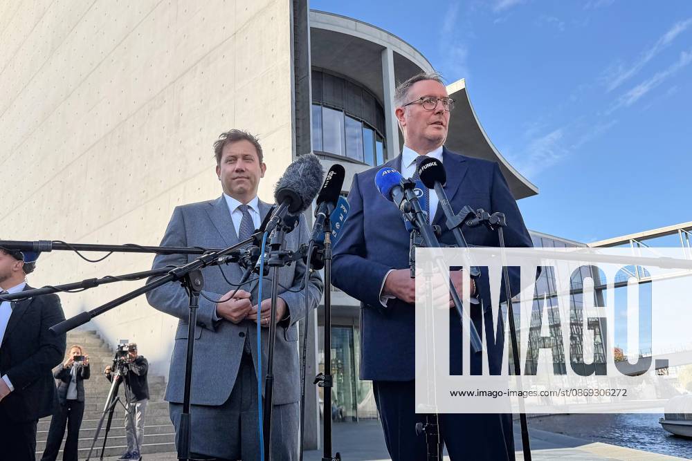 Germany, October 13, 2026, Government Quarter: Press Statement by Federal Minister of Finance Lars Klingbeil (SPD) and Federal Minister of Labor and Social Affairs-designate Alexander Schweitzer (SPD)