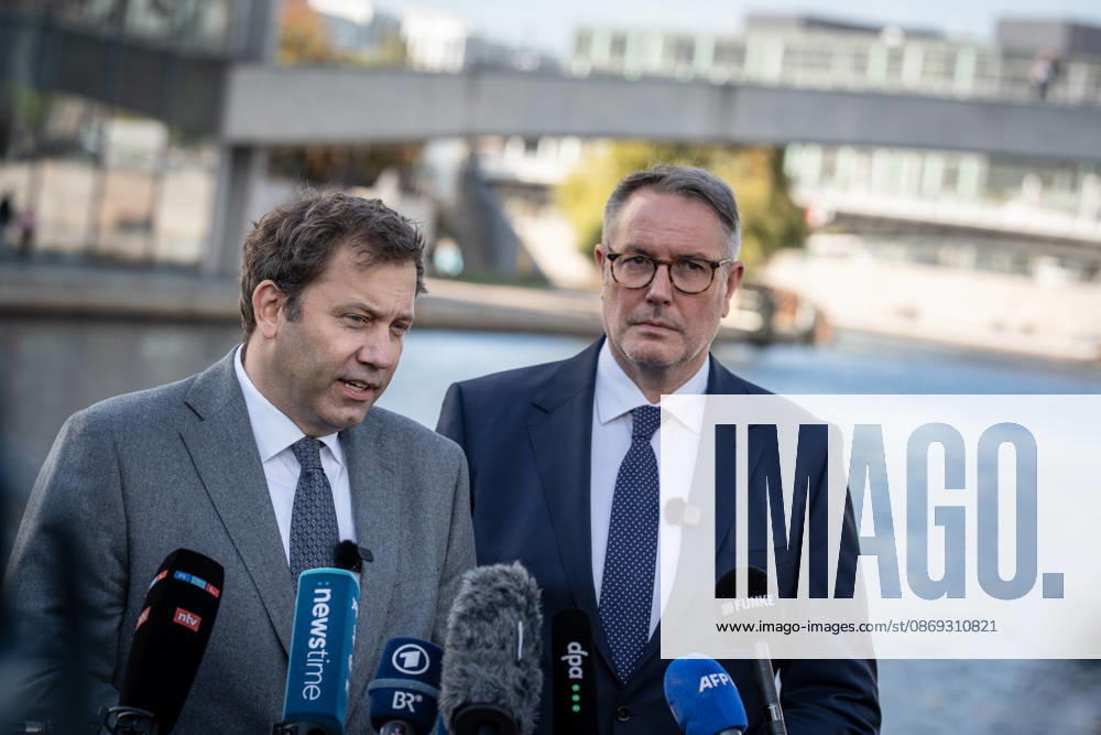 Lars Klingbeil, SPD Party Chairman and Federal Minister of Finance, and Alexander Schweitzer, Federal Minister of Labor-designate, at Friedrich-Ebert-Platz in front of the Bundestag building; introduction of the new Federal Minister of Labor on the day of his swearing-in by the SPD Party Chairman, Berlin, Germany, Friedrich-Ebert-Platz