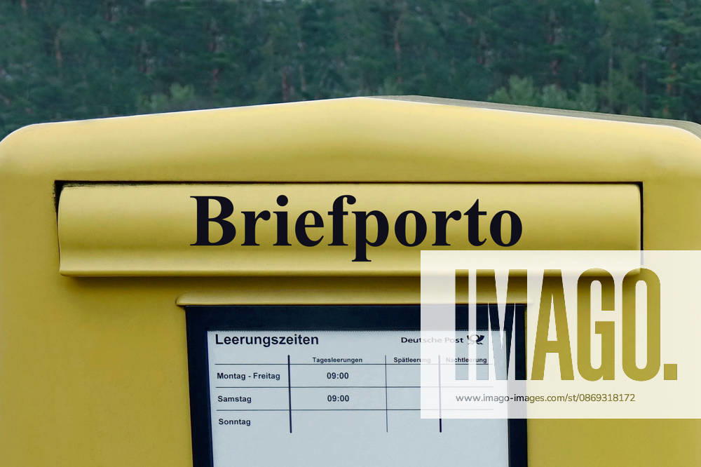 Mailbox with Briefporto lettering; photomontage of a mailbox with Briefporto lettering, 13 10 2026, Borkwalde, Brandenburg; the words Briefporto are written on a mailbox