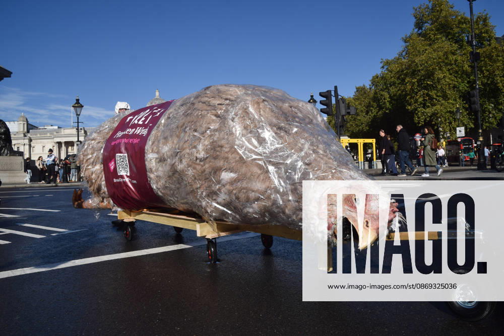 Protesters pass through Trafalgar Square with a giant wrapped chicken during the march to Pret headquarters urging the fast food chain to drop Frankenchickens. Frankenchickens are chickens mostly raised on factory farms who are bred to grow much faster and who are said to suffer far more than regular chickens. London United Kingdom - ZUMAv130 20261013_zip_v130_031