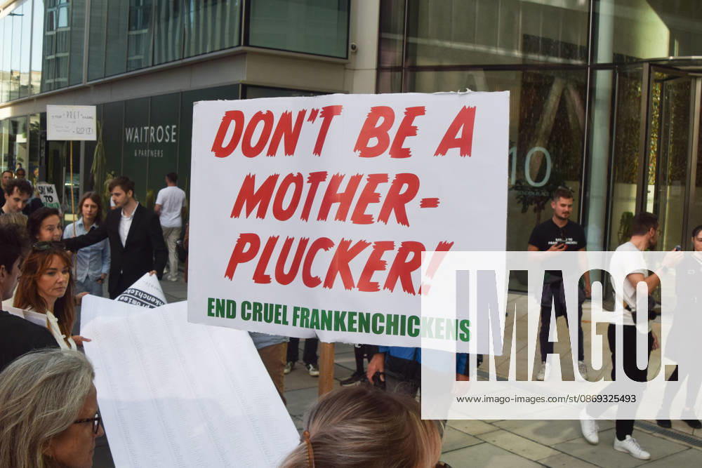 Protesters gather outside Pret headquarters urging the fast food chain to drop Frankenchickens. Frankenchickens are chickens mostly raised on factory farms who are bred to grow much faster and who are said to suffer far more than regular chickens. London United Kingdom - ZUMAv130 20261013_zip_v130_043