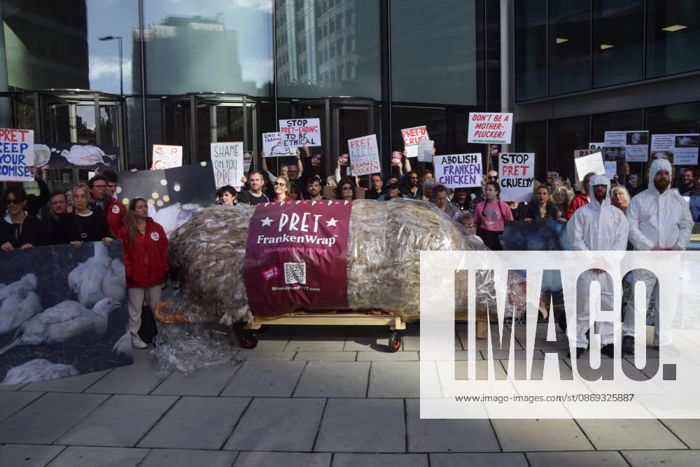 Protesters gather with a giant wrapped chicken outside Pret headquarters during a protest urging the fast food chain to drop Frankenchickens. Frankenchickens are chickens mostly raised on factory farms who are bred to grow much faster and who are said to suffer far more than regular chickens. London United Kingdom - ZUMAv130 20261013_zip_v130_045