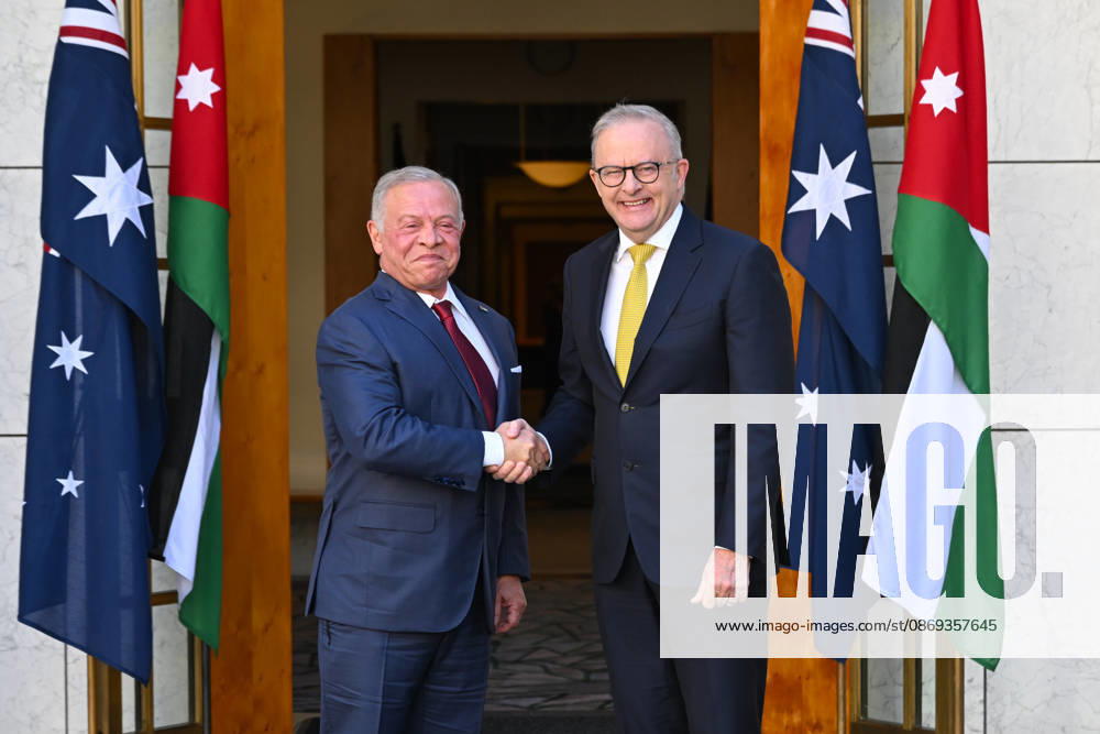 KING ABDULLAH II AUSTRALIA VISIT, Australian Prime Minister Anthony Albanese greets King of Jordan Abdullah Bin Hussein during a visit to Australia, Parliament House in Canberra, Wednesday, October 14, 2026. ( NO ARCHIVING CANBERRA AUSTRALIAN CAPITAL TERRITORY Australia