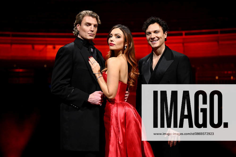 MOULIN ROUGE PREVIEW, (L-R) Reuben Kaye, in the role of Harold Zidler, Erin Clare, in the role of Satine, and Nigel Huckle, in the role of Christian, pose for a photograph during the Moulin Rouge! The Musical cast reveal at the Sydney Lyric Theatre, Sydney Wednesday, October 14, 2026. ( NO ARCHIVING SYDNEY NEW SOUTH WALES Australia