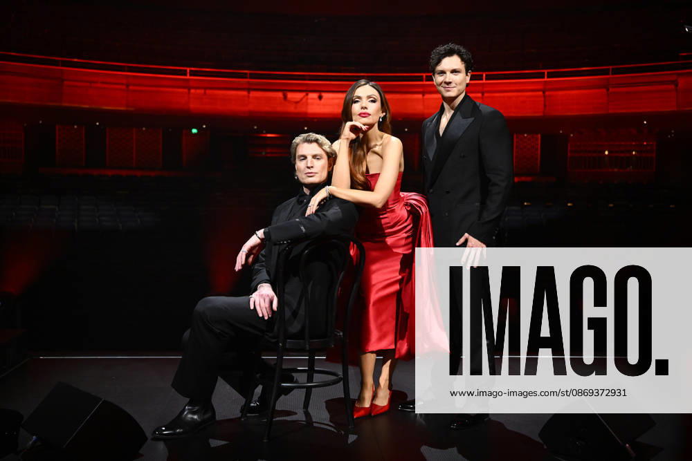 MOULIN ROUGE PREVIEW, (L-R) Reuben Kaye, in the role of Harold Zidler, Erin Clare, in the role of Satine, and Nigel Huckle, in the role of Christian, pose for a photograph during the Moulin Rouge! The Musical cast reveal at the Sydney Lyric Theatre, Sydney Wednesday, October 14, 2026. ( NO ARCHIVING SYDNEY NEW SOUTH WALES Australia