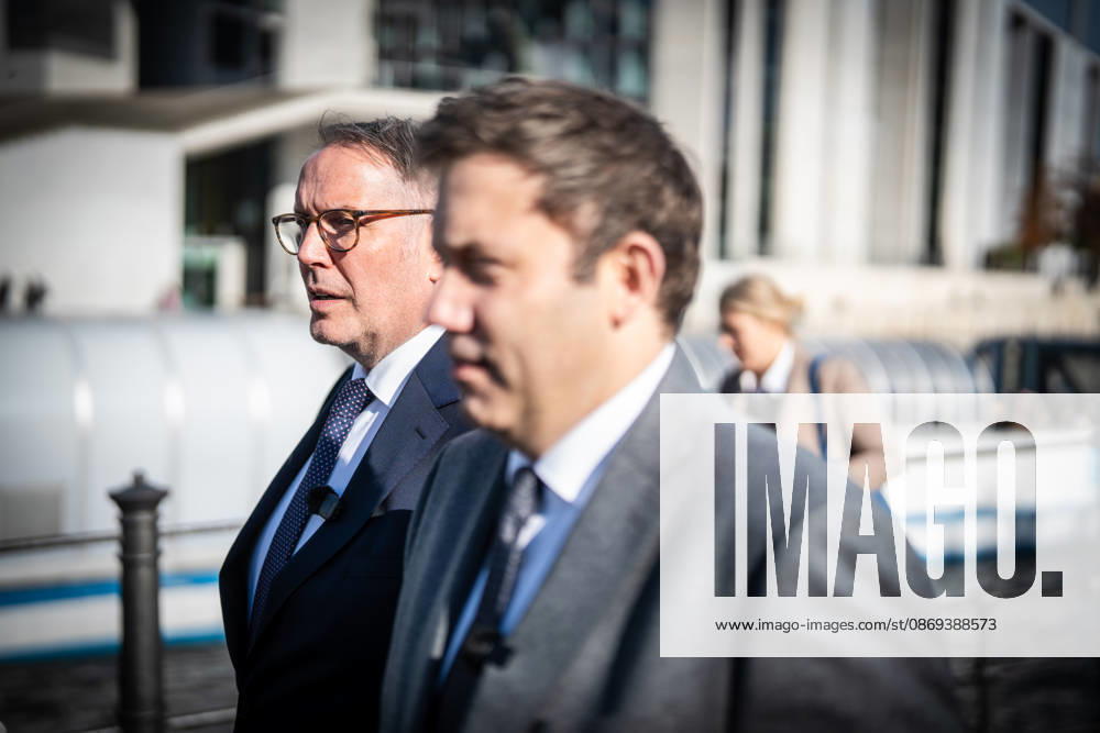 Lars Klingbeil, SPD Party Chairman and Federal Minister of Finance, and Alexander Schweitzer, Federal Minister of Labor-designate, at Friedrich-Ebert-Platz in front of the Bundestag building; introduction of the new Federal Minister of Labor on the day of his swearing-in by the SPD Party Chairman, Berlin, Berlin, Germany, Friedrich-Ebert-Platz