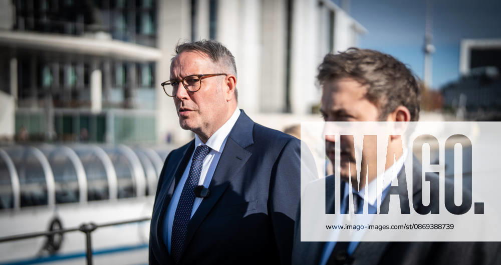 Lars Klingbeil, SPD Party Chairman and Federal Minister of Finance, and Alexander Schweitzer, Federal Minister of Labor-designate, at Friedrich-Ebert-Platz in front of the Bundestag building; introduction of the new Federal Minister of Labor on the day of his swearing-in by the SPD Party Chairman, Berlin, Germany, Friedrich-Ebert-Platz
