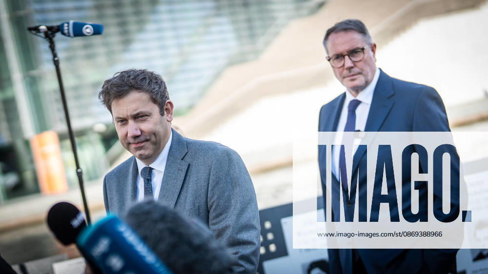 Lars Klingbeil, SPD Party Chairman and Federal Minister of Finance, and Alexander Schweitzer, Federal Minister of Labor-designate, at Friedrich-Ebert-Platz in front of the Bundestag building; introduction of the new Federal Minister of Labor on the day of his swearing-in by the SPD Party Chairman, Berlin, Germany, Friedrich-Ebert-Platz