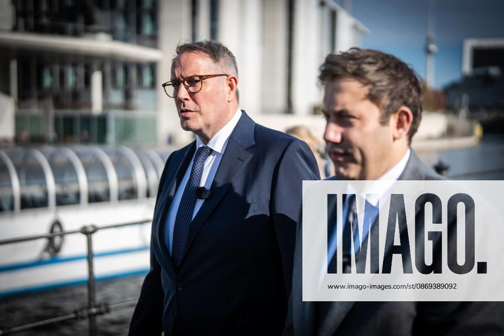 Lars Klingbeil, SPD Party Chairman and Federal Minister of Finance, and Alexander Schweitzer, Federal Minister of Labor-designate, at Friedrich-Ebert-Platz in front of the Bundestag building; introduction of the new Federal Minister of Labor on the day of his swearing-in by the SPD Party Chairman, Berlin, Germany, Friedrich-Ebert-Platz