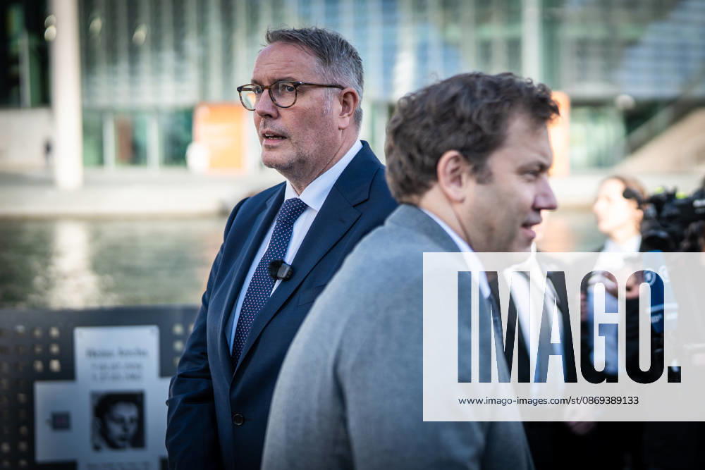 Lars Klingbeil, SPD Party Chairman and Federal Minister of Finance, and Alexander Schweitzer, Federal Minister of Labor-designate, at Friedrich-Ebert-Platz in front of the Bundestag building; introduction of the new Federal Minister of Labor on the day of his swearing-in by the SPD Party Chairman, Berlin, Berlin, Germany, Friedrich-Ebert-Platz