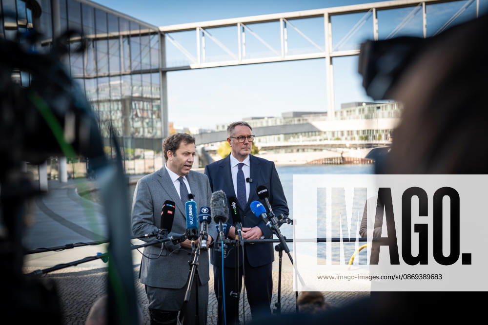 Lars Klingbeil, SPD Party Chairman and Federal Minister of Finance, and Alexander Schweitzer, Federal Minister of Labor-designate, at Friedrich-Ebert-Platz in front of the Bundestag building; introduction of the new Federal Minister of Labor on the day of his swearing-in by the SPD Party Chairman, Berlin, Berlin, Germany, Friedrich-Ebert-Platz