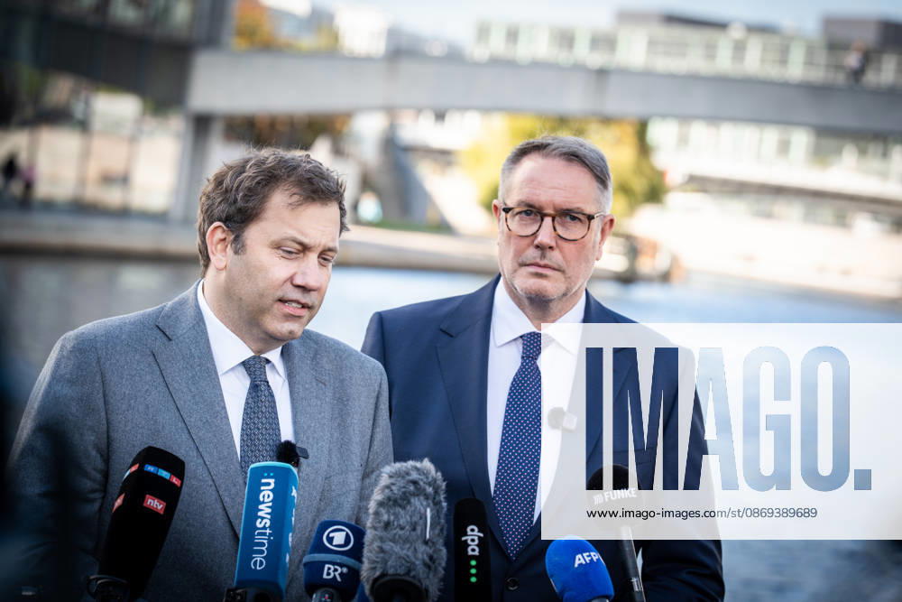 Lars Klingbeil, SPD Party Chairman and Federal Minister of Finance, and Alexander Schweitzer, Federal Minister of Labor-designate, at Friedrich-Ebert-Platz in front of the Bundestag building; introduction of the new Federal Minister of Labor on the day of his swearing-in by the SPD Party Chairman, Berlin, Berlin, Germany, Friedrich-Ebert-Platz