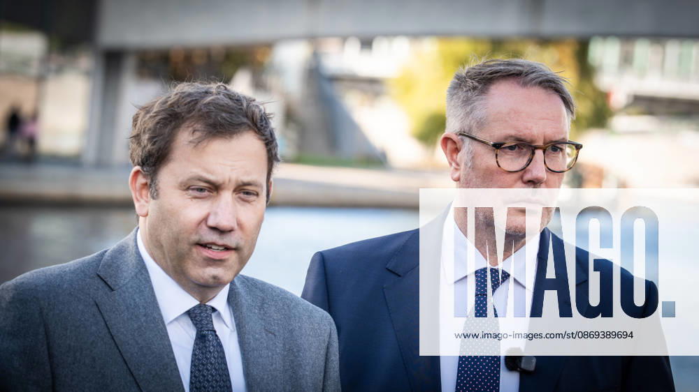 Lars Klingbeil, SPD Party Chairman and Federal Minister of Finance, and Alexander Schweitzer, Federal Minister of Labor-designate, at Friedrich-Ebert-Platz in front of the Bundestag building; introduction of the new Federal Minister of Labor on the day of his swearing-in by the SPD Party Chairman, Berlin, Germany, Friedrich-Ebert-Platz