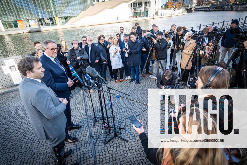 Lars Klingbeil, SPD Party Chairman and Federal Minister of Finance, and Alexander Schweitzer, Federal Minister of Labor-designate, at Friedrich-Ebert-Platz in front of the Bundestag building; introduction of the new Federal Minister of Labor on the day of his swearing-in by the SPD Party Chairman, Berlin, Germany, Friedrich-Ebert-Platz