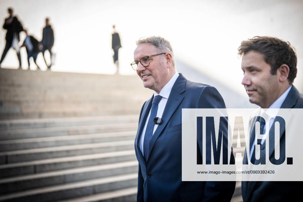Lars Klingbeil, SPD Party Chairman and Federal Minister of Finance, and Alexander Schweitzer, Federal Minister of Labor-designate, at Friedrich-Ebert-Platz in front of the Bundestag building; introduction of the new Federal Minister of Labor on the day of his swearing-in by the SPD Party Chairman, Berlin, Berlin, Germany, Friedrich-Ebert-Platz