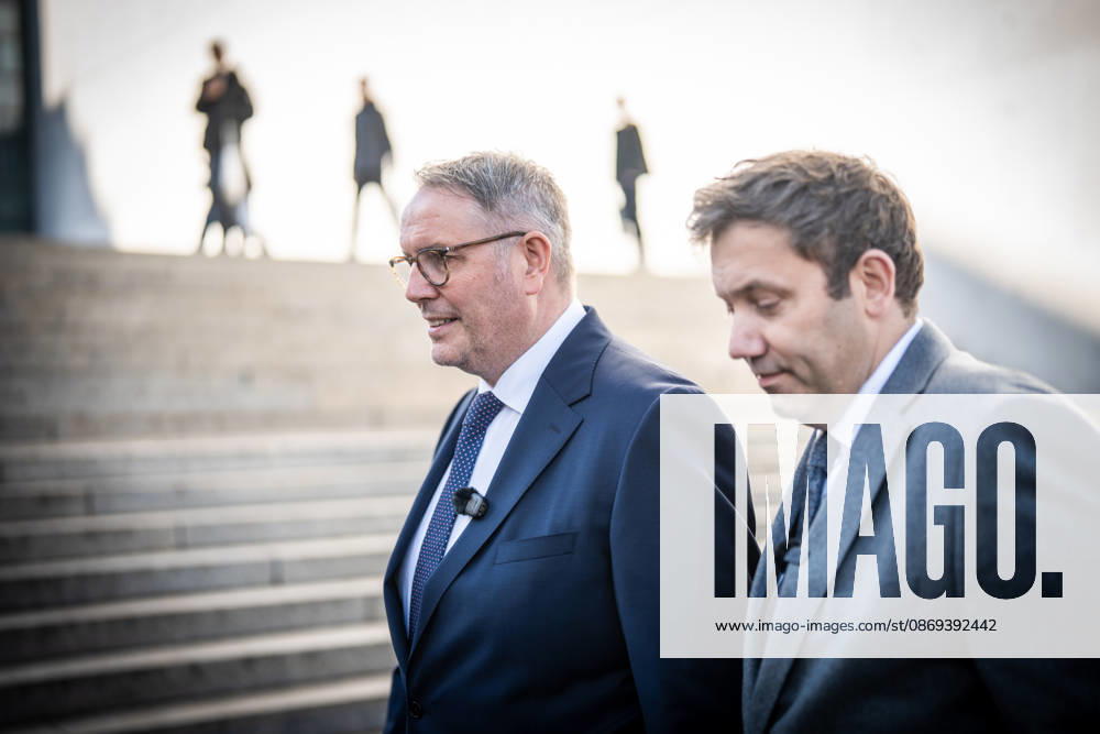 Lars Klingbeil, SPD Party Chairman and Federal Minister of Finance, and Alexander Schweitzer, Federal Minister of Labor-designate, at Friedrich-Ebert-Platz in front of the Bundestag building; introduction of the new Federal Minister of Labor on the day of his swearing-in by the SPD Party Chairman, Berlin, Berlin, Germany, Friedrich-Ebert-Platz