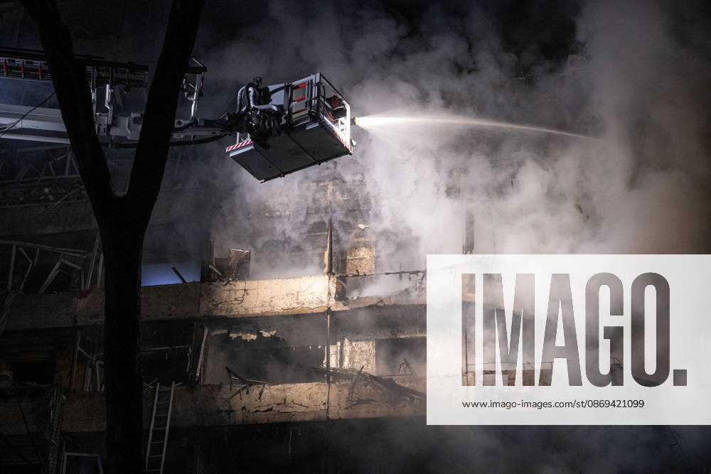 Ballistic missile strikes next to nine-story residential building in Desnianskyi district of Kyiv A rescuer on an aerial platform extinguishes a fire that broke out following a Russian missile strike on a nine-story residential building in Kyiv’s Desnianskyi district, Ukraine, on October 14, 2026. Russia launched a massive ballistic missile attack on the capital. Three women were killed and 19 other people were injured in the Desnianskyi district, including a seven-year-old girl. Apartments in the nine-story building were also damaged from the first through the eighth floor, Credit:Danylo Antoniuk Ukrinform Avalon Ukraine, Kyiv