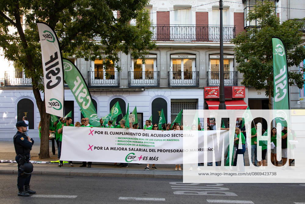 Rally in front of the Madrid Regional Government’s Department of Education in support of the education strike. Dozens of people gathered for a rally in support of the indefinite public education strike in front of the Madrid Regional Government’s Department of Education on October 14, 2026, in Madrid, Spain. Public school teachers in the Community of Madrid began an indefinite strike today to demand more resources and better working conditions. The strike was called by the unions CCOO, CGT, CNT, Solidaridad Obrera, STEM, and UGT, as well as by the teachers’ advocacy groups Educación Especial Digna, Menos Lectivas, and Queremos FP. Among their main demands are the restoration of a maximum of 17 weekly class periods in secondary education an