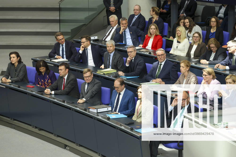 Federal Cabinet, Federal Ministers, including Merz, at the session of the German Bundestag on October 14, 2026, in Berlin; Federal Chancellor Merz delivering a government statement to the German Bundestag