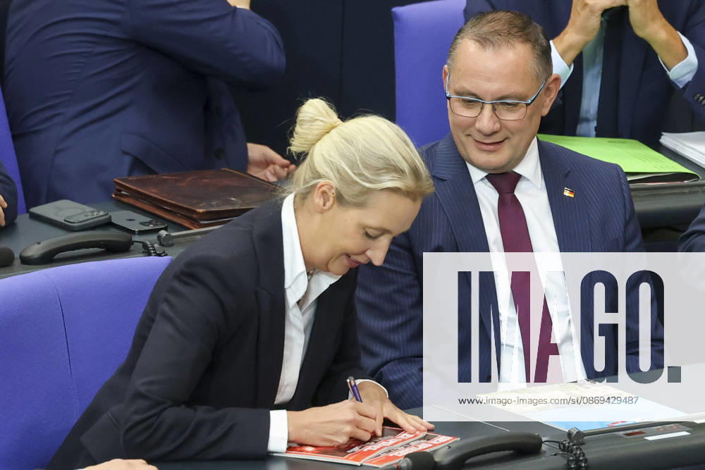 Alice Weidel and Tino Chrupalla at the session of the German Bundestag on October 14, 2026, in Berlin; Chancellor Merz delivering the government statement in the German Bundestag