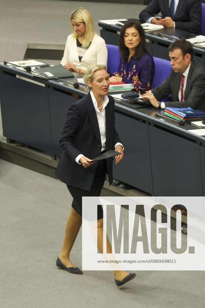 Alice Weidel at the session of the German Bundestag on October 14, 2026, in Berlin; Chancellor Merz delivering the government’s policy statement to the German Bundestag