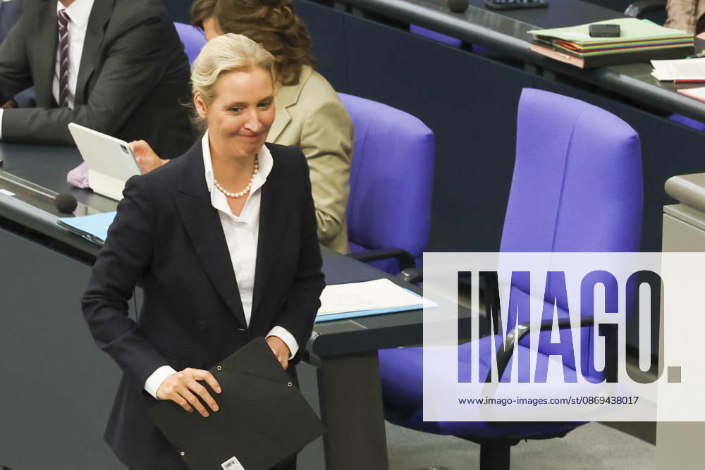 Alice Weidel at the session of the German Bundestag on October 14, 2026, in Berlin; Chancellor Merz delivering the government’s policy statement to the German Bundestag