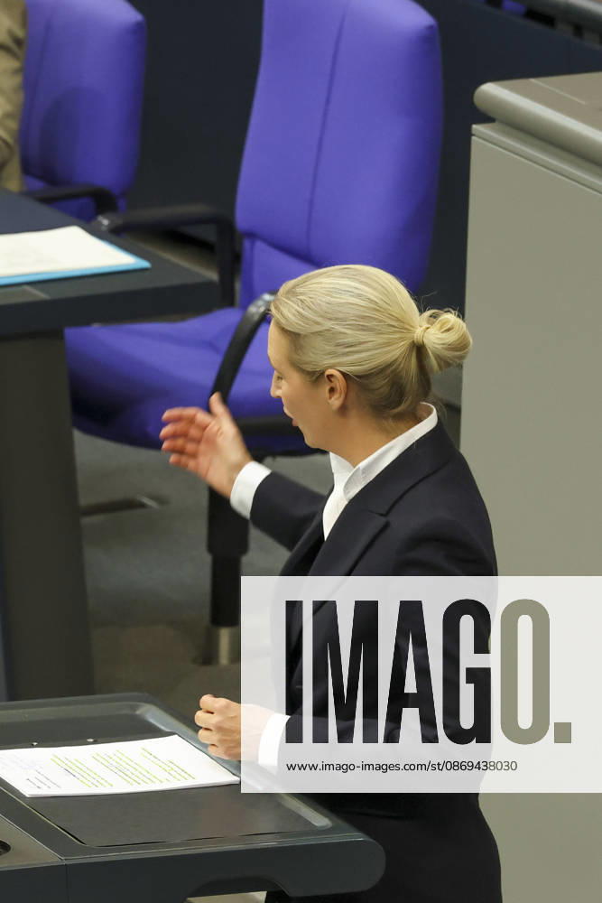 Alice Weidel at the session of the German Bundestag on October 14, 2026, in Berlin; Chancellor Merz delivering the government’s policy statement to the German Bundestag