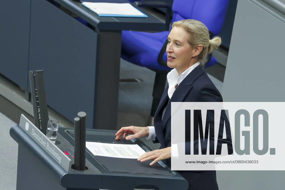Alice Weidel at the session of the German Bundestag on October 14, 2026, in Berlin; Chancellor Merz delivering the government’s policy statement to the German Bundestag