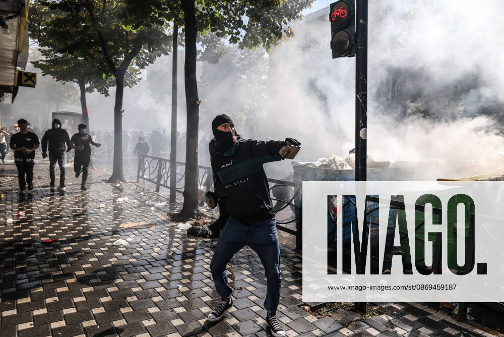 A protester throw a stone against police during a students protest in front of Education Ministry in Tirana, Albania, on 14 October, 2026. Students are in the second day of their protest calling for better education conditions and the resignation of Prime Minister Edi Rama. Tirana Albania - ZUMAb266 20261014_zip_b266_004