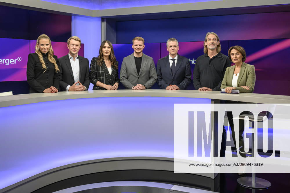 Pictured, from left: Nena Brockhaus, journalist; Markus Preiß, head of the ARD Berlin studio; Anja Kohl, ARD host and economic expert; Tim Klüssendorf, SPD Secretary-General; Thorsten Frei, CDU Union parliamentary group leader; Richard David Precht, philosopher; Sandra Maischberge
