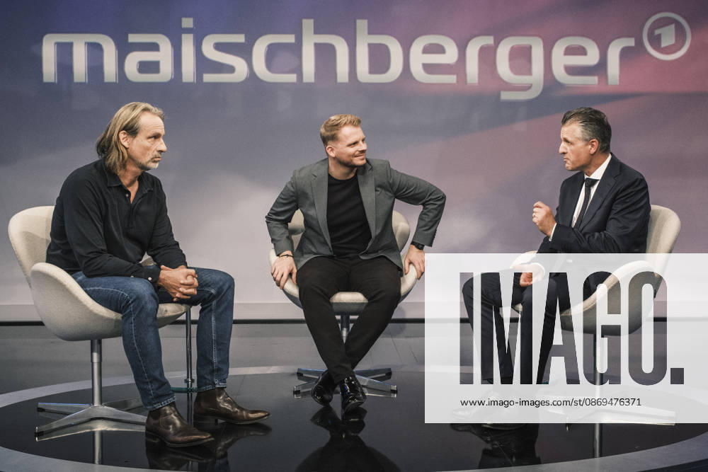 Pictured, from left: Richard David Precht, philosopher; Tim Klüssendorf, SPD Secretary General; Thorsten Frei, CDU Union parliamentary group leader; on the panel in discussion, GER, Berlin, studio, guests on Maischberger, a political talk show, TV program, hosted by Sandra Maischberger, Das Erste, from Adlershof – Studio 20, October 14, 2026,